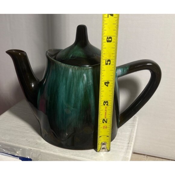 Vintage Blue Mountain Pottery Teapot Green Drip Glaze Ceramic With Lid 6.25" Tal - Picture 7 of 8